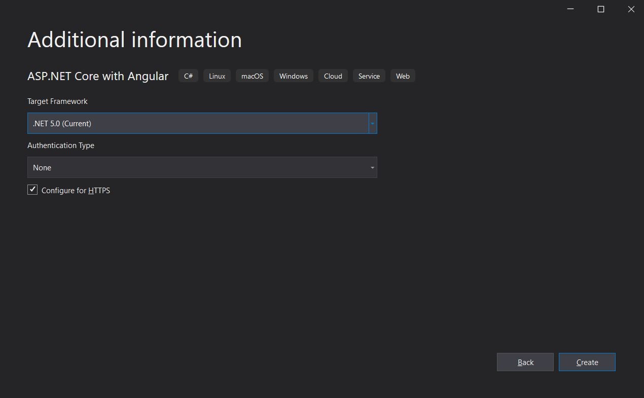 Choose the target framework and authentication type